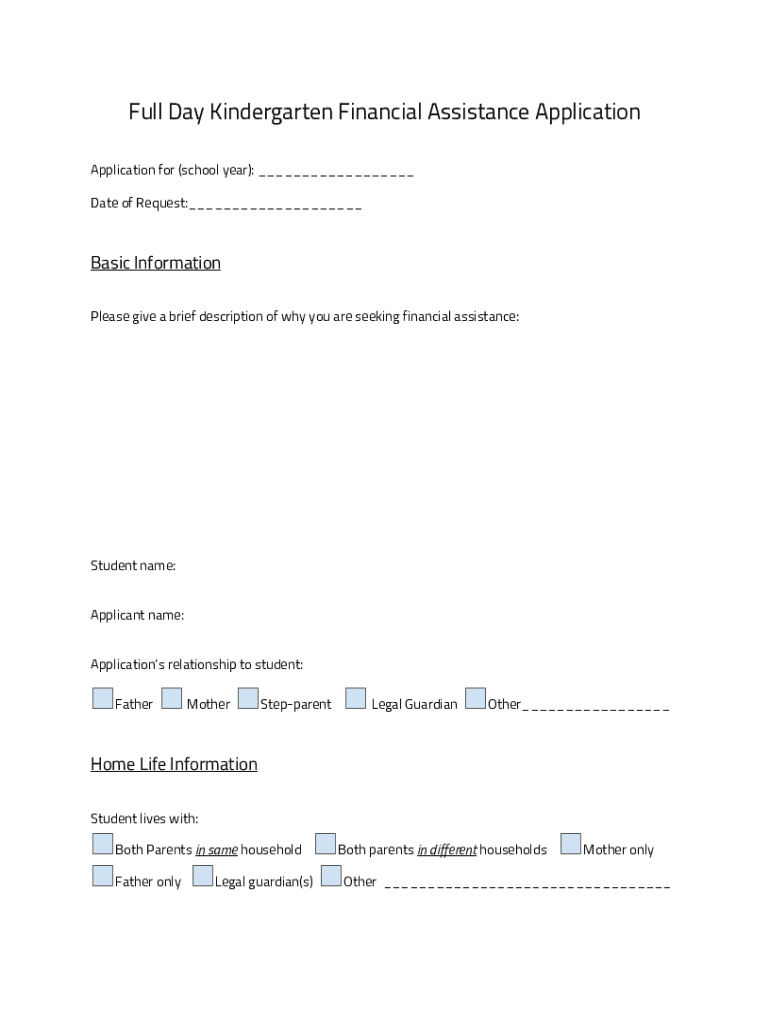 Fillable Online Full Day Kindergarten Financial Assistance Application