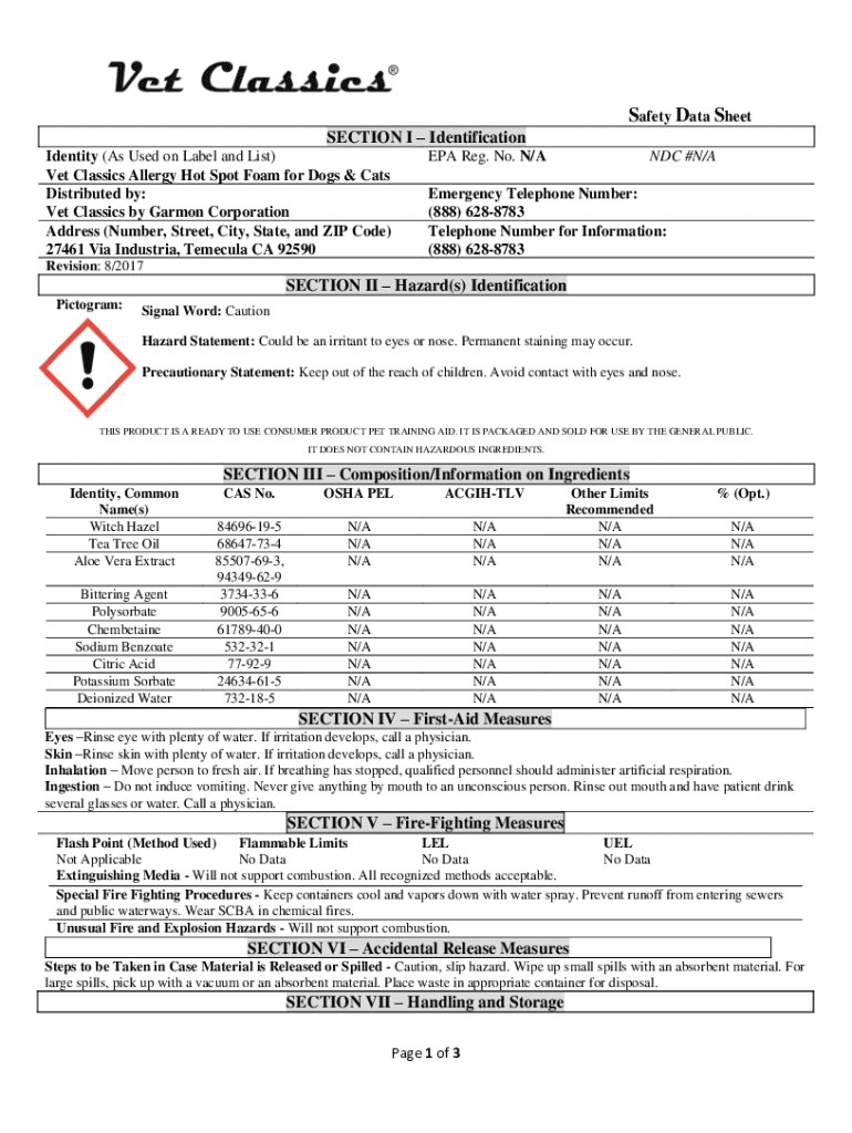 Fillable Online Safety Data Sheet Vet's Best Hot Spot Foam For Dogs
