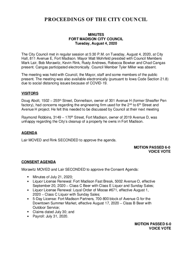 Fillable Online 530 P.M. Place City Council Chambers, Fax Email
