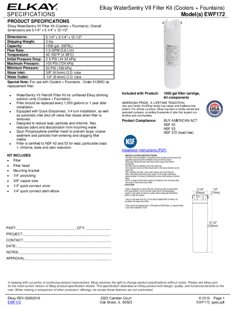 Fillable Online SPECIFICATIONS Elkay WaterSentry VII Filter Kit