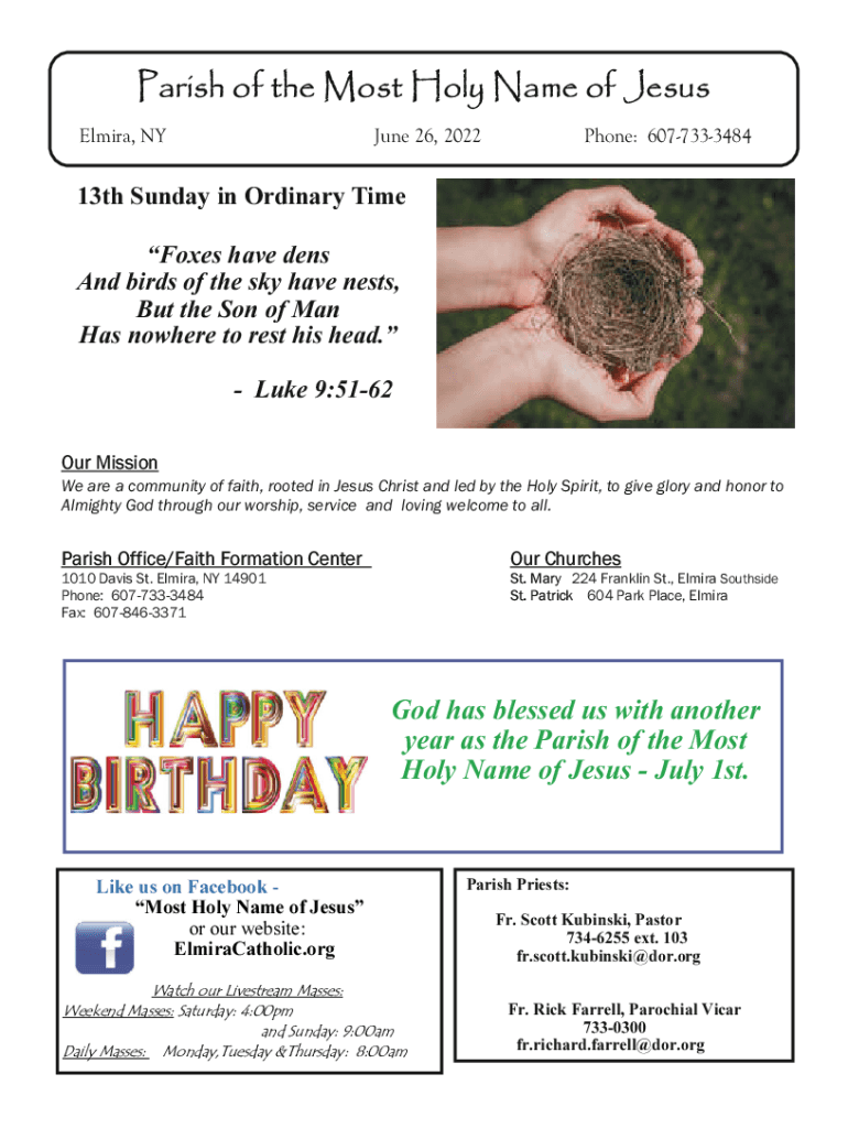 Fillable Online Elmira Catholic Parish Most Holy Name Of Jesus Fax