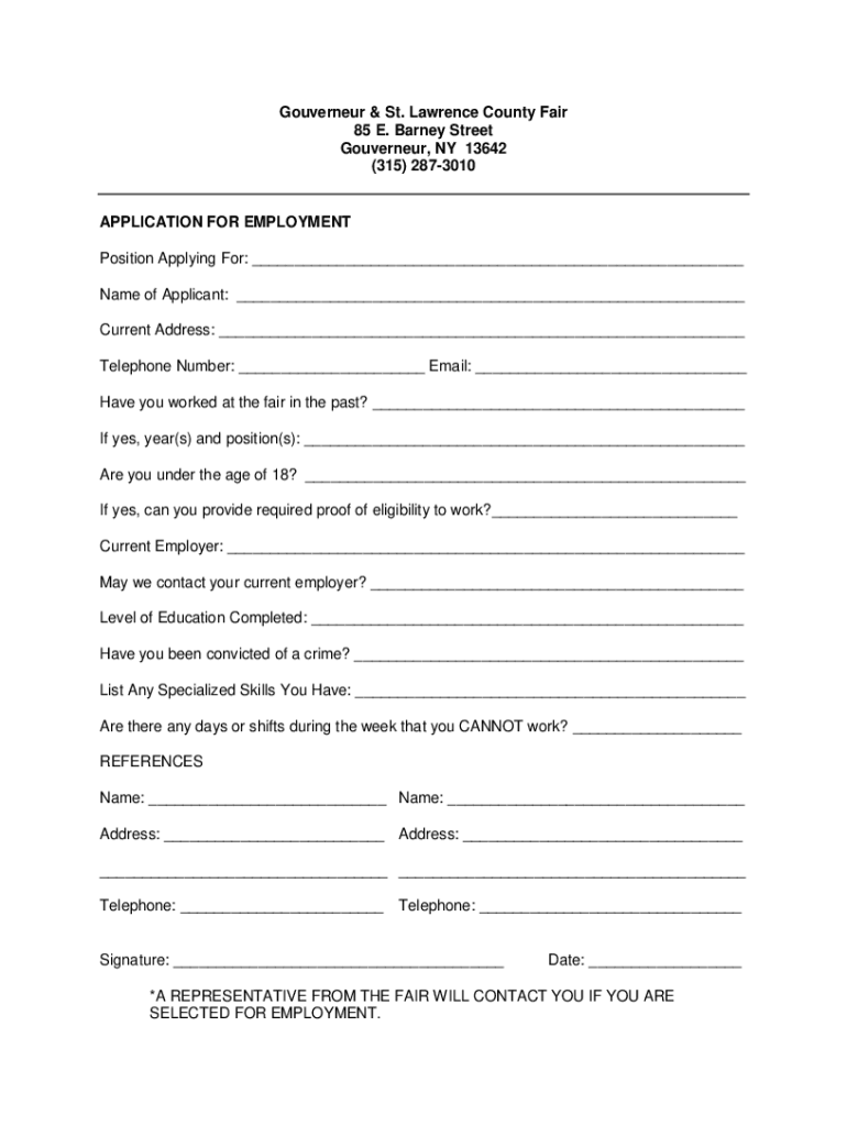 Fillable Online Gouverneur & St. Lawrence County Fair 85 E. Barney
