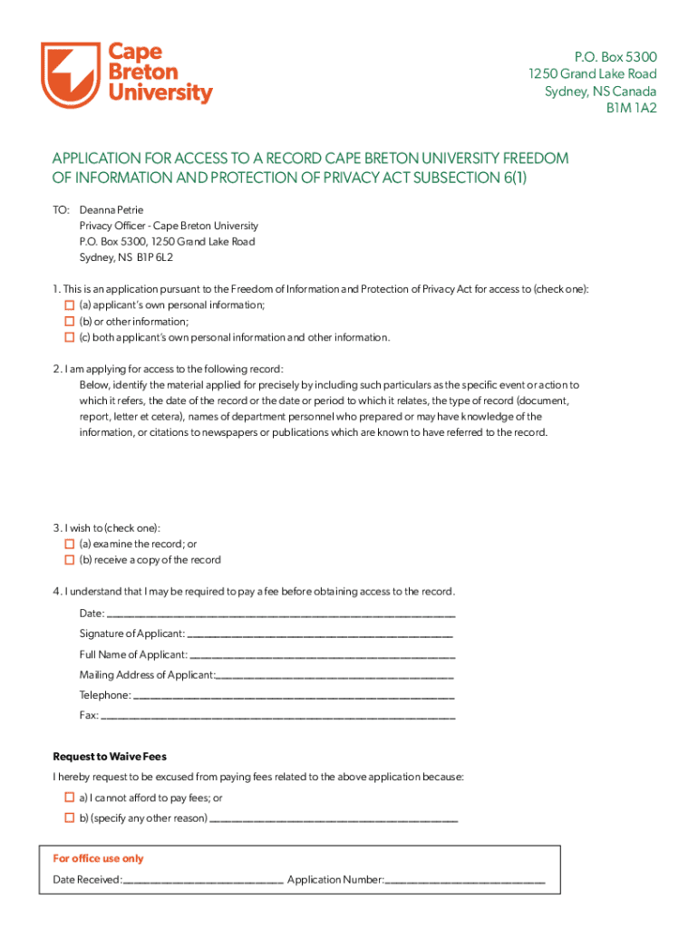 Fillable Online P.O. Box 5300, 1250 Grand Lake Road, Sydney, NS Fax