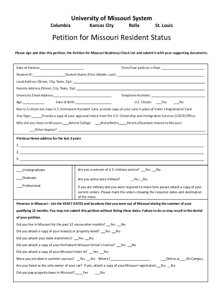 Fillable Online registrar mst petition to claim missouri residency Fax