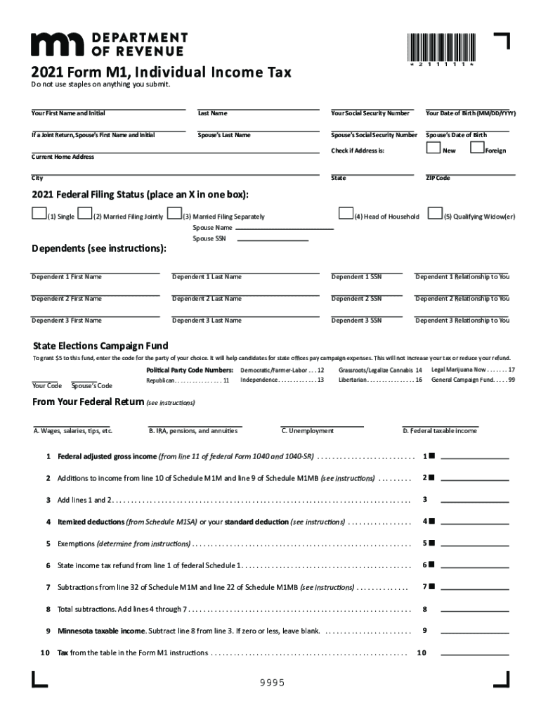 Fillable Online 2021 Form M1X, Amended Minnesota Tax Fax Email