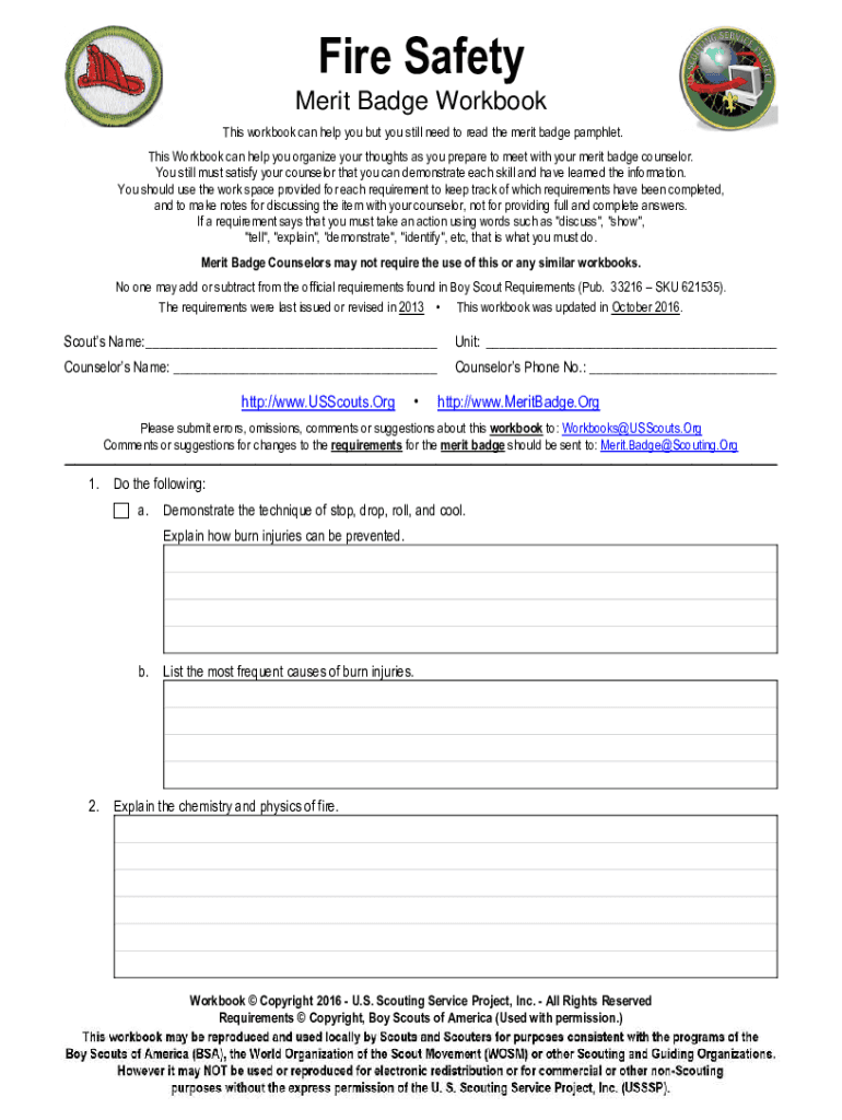 Fillable Online Fire Safety Merit BadgeBoy Scouts of America Fax Email