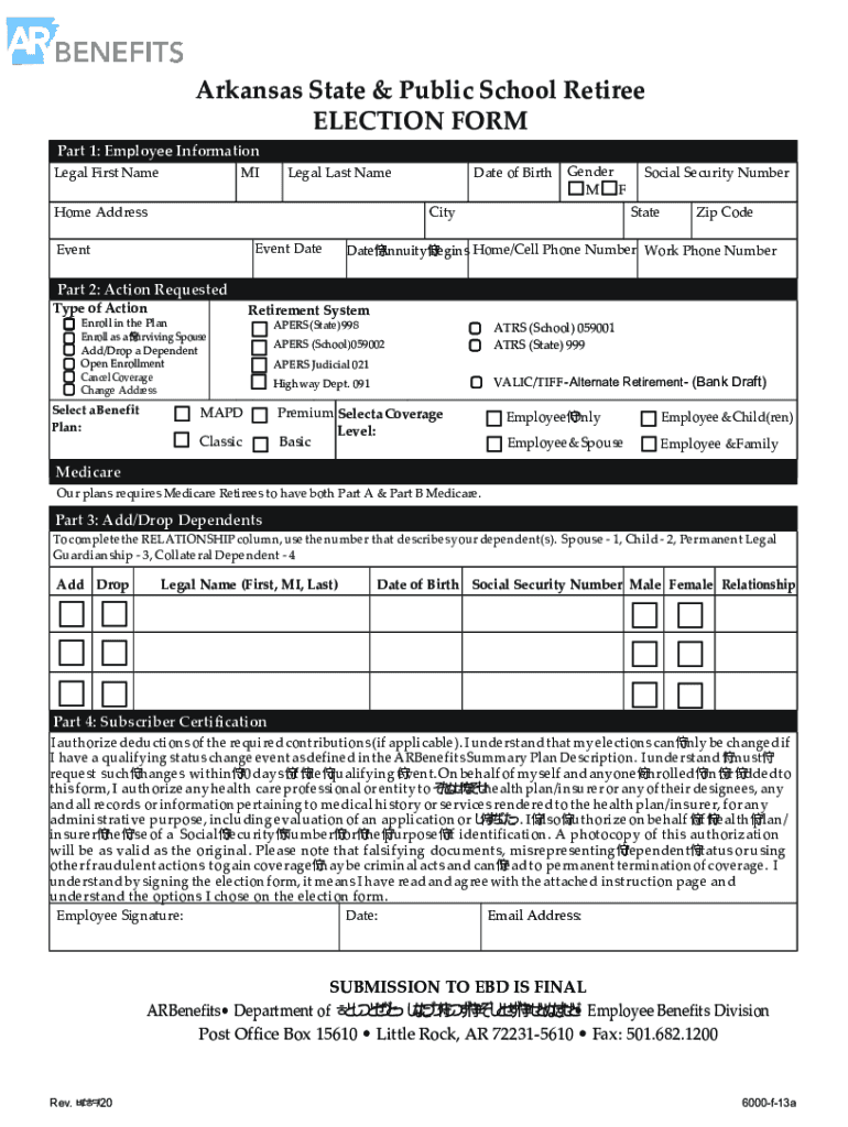 Fillable Online ARBenefits PO Box 15610Little Rock, AR 72231 Fax Email