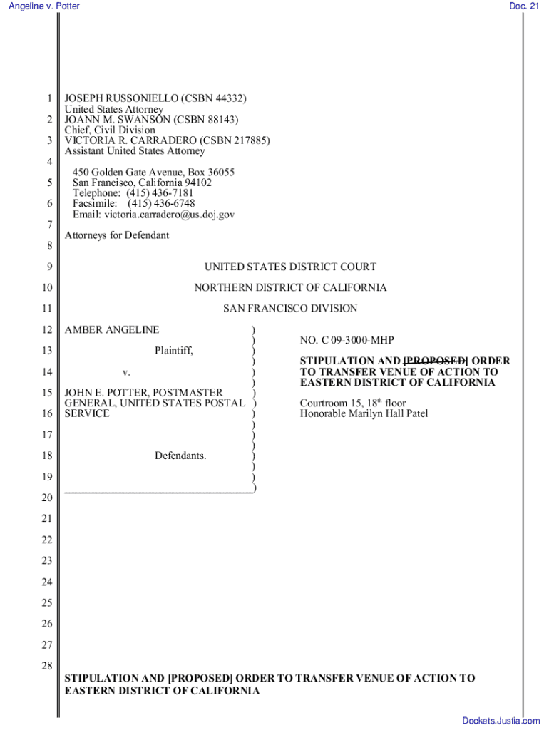 Fillable Online STIPULATION AND ORDER TRANSFERRING CASE TO Eastern