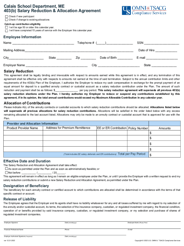 Fillable Online Salary Reduction Agreement For The Pleasant Hill 403(b