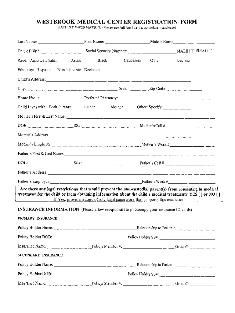 Fillable Online WESTBROOK MEDICAL CENTER REGISTRATION FORM Fax Email