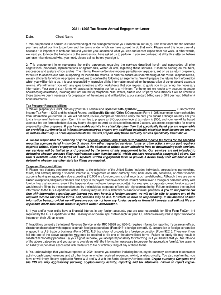 Fillable Online 2022 S Corporation Tax Return Engagement Letter Fax