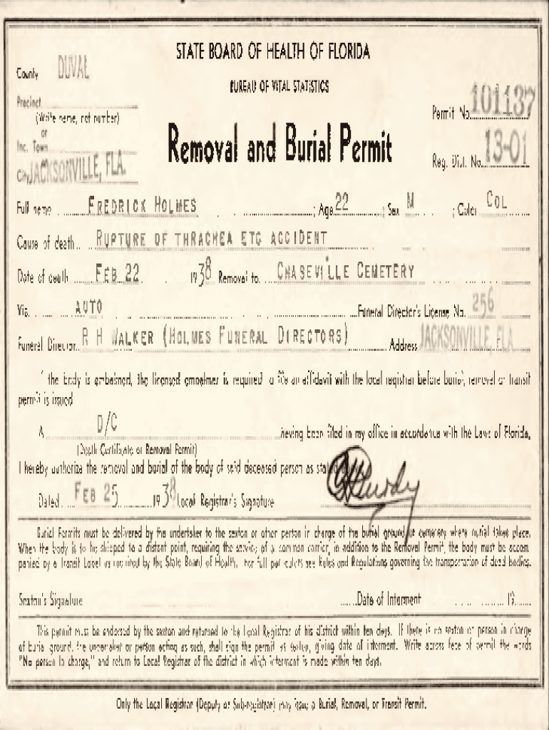 Fillable Online Burial Permit. State Board of Health of Florida, Bureau