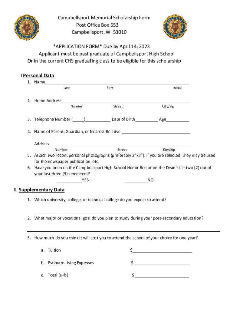 Fillable Online Campbellsport Memorial Scholarship Form Post Office Box