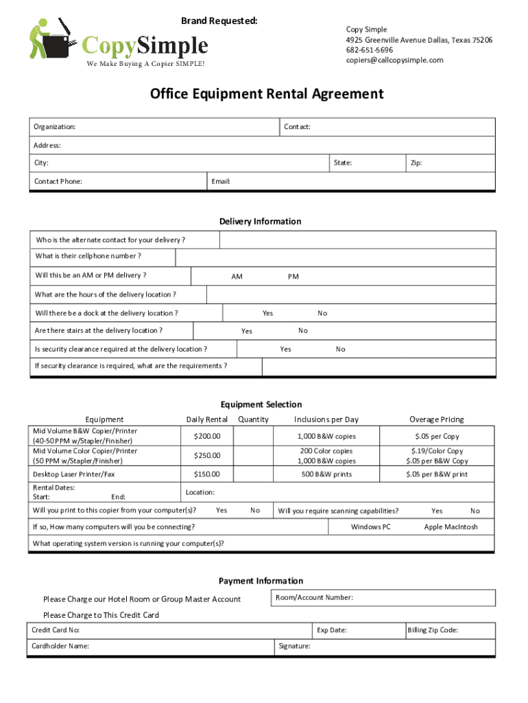 Fillable Online Office Equipment Rental Agreement Copy Simple Fax