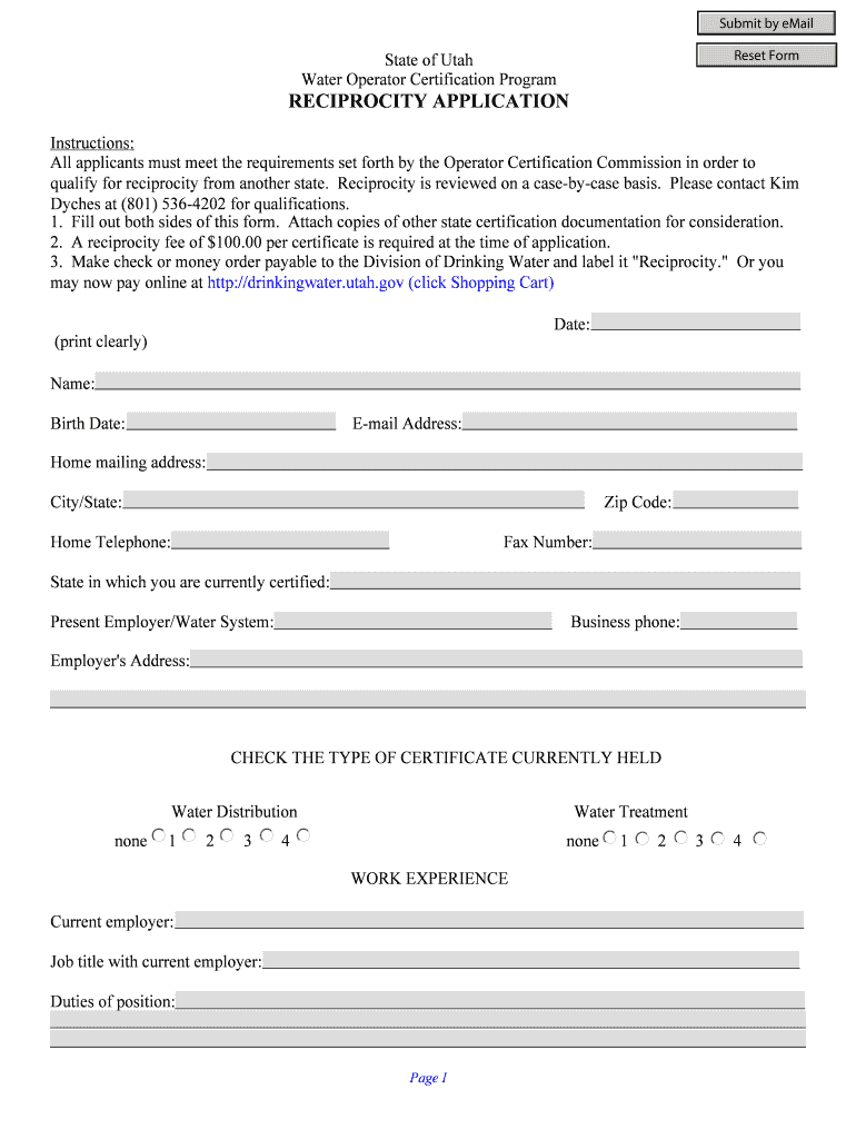 Fillable Online deq utah Certification of Reciprocity for Other States