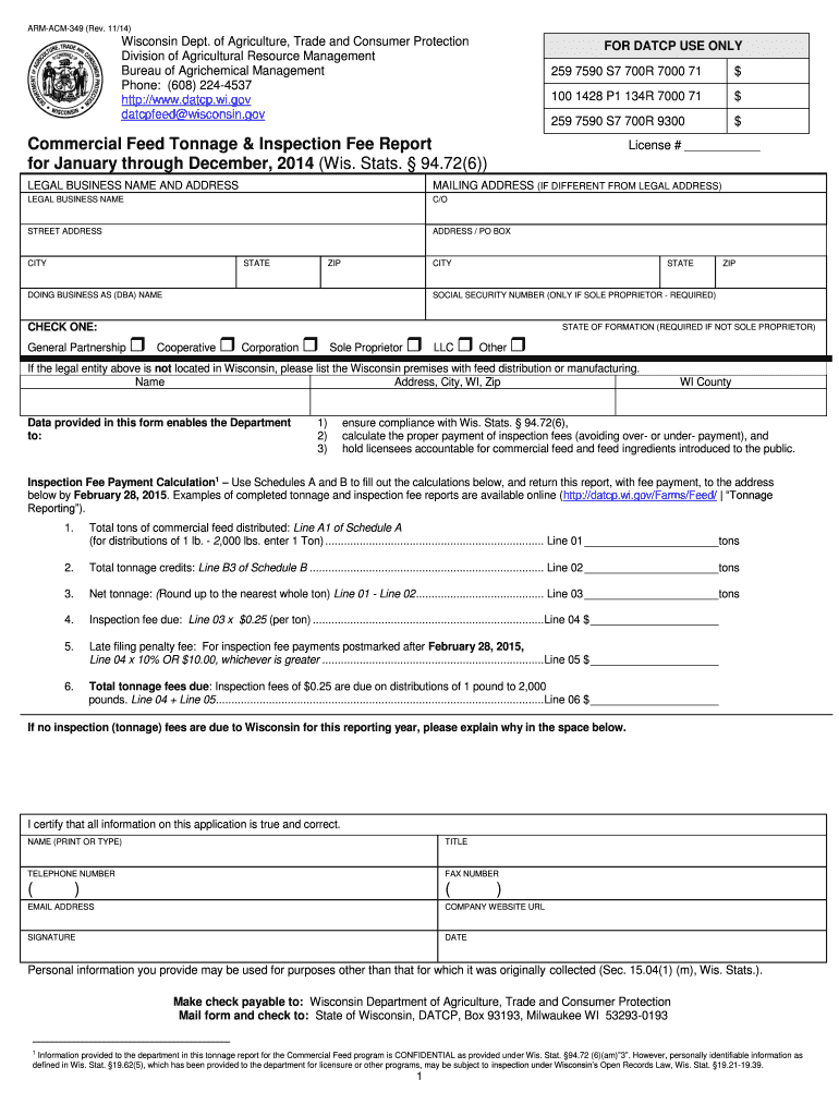 Fillable Online datcp wi Commercial Feed Tonnage and Inspection Fee