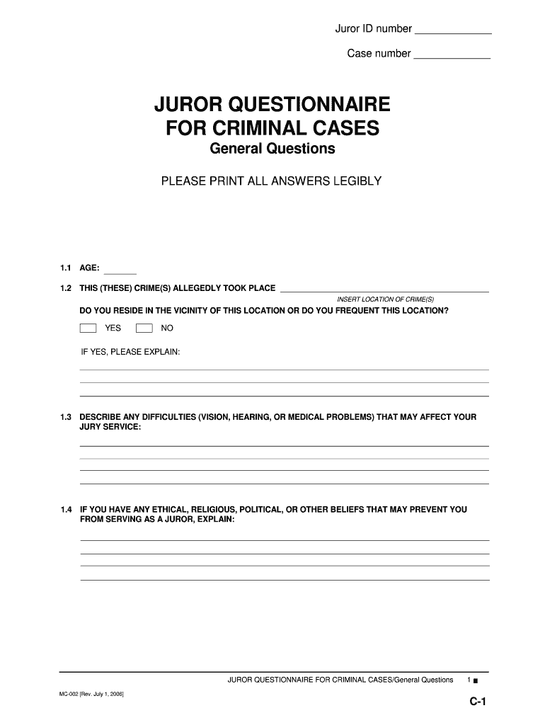 MC002 Juror Questionnaire for Criminal Cases/Capital Case Supplement