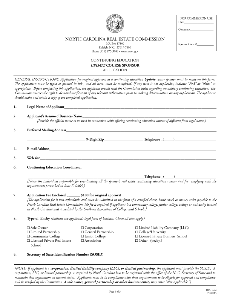 Fillable Online ncrec FOR COMMISSION USE Date Comment NORTH CAROLINA