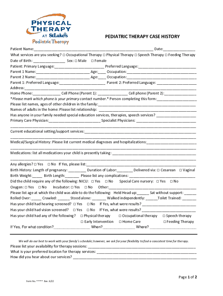 Fillable Online Patient Case History Questionnaire children's therapy