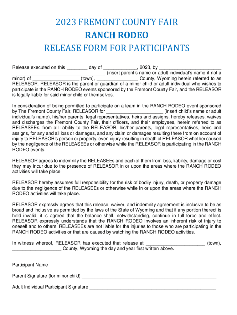 Fillable Online RANCH RODEO RELEASE FORM FOR PARTICIPANTS Fax Email