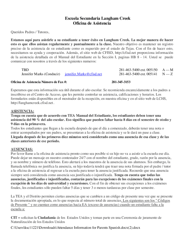 Completable En línea Langham Creek High School Houston, Texas Fax