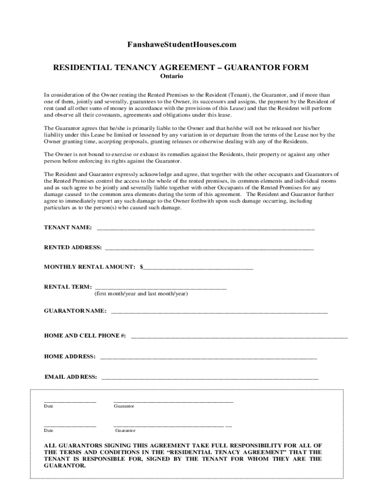Fillable Online Residential tenancy agreement guarantor form ontario