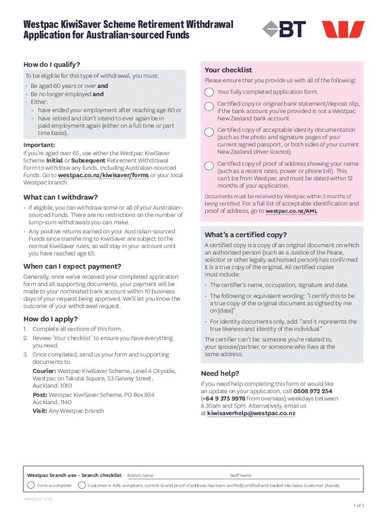 Fillable Online WestpacKiwiSaverSchemeRetirementWithdrawalFormfor