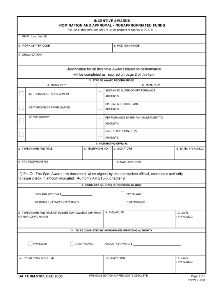 Fillable Online DA FORM 5167 Army Publishing Directorate Fax Email