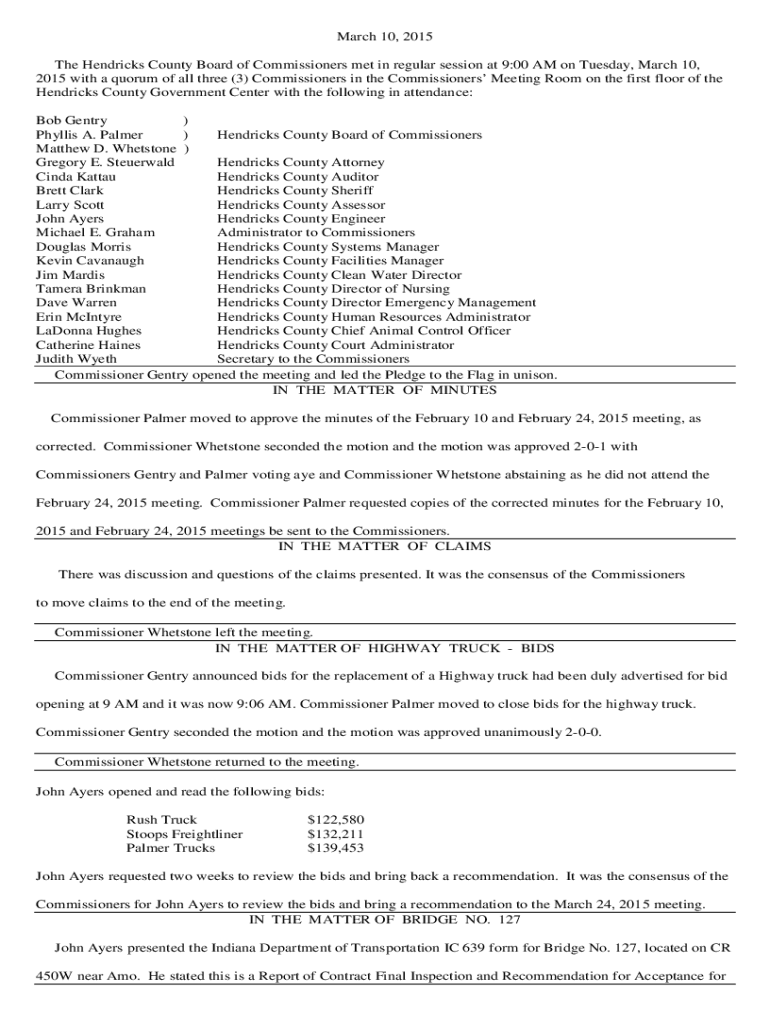Fillable Online The Hendricks County Board of Commissioners met in