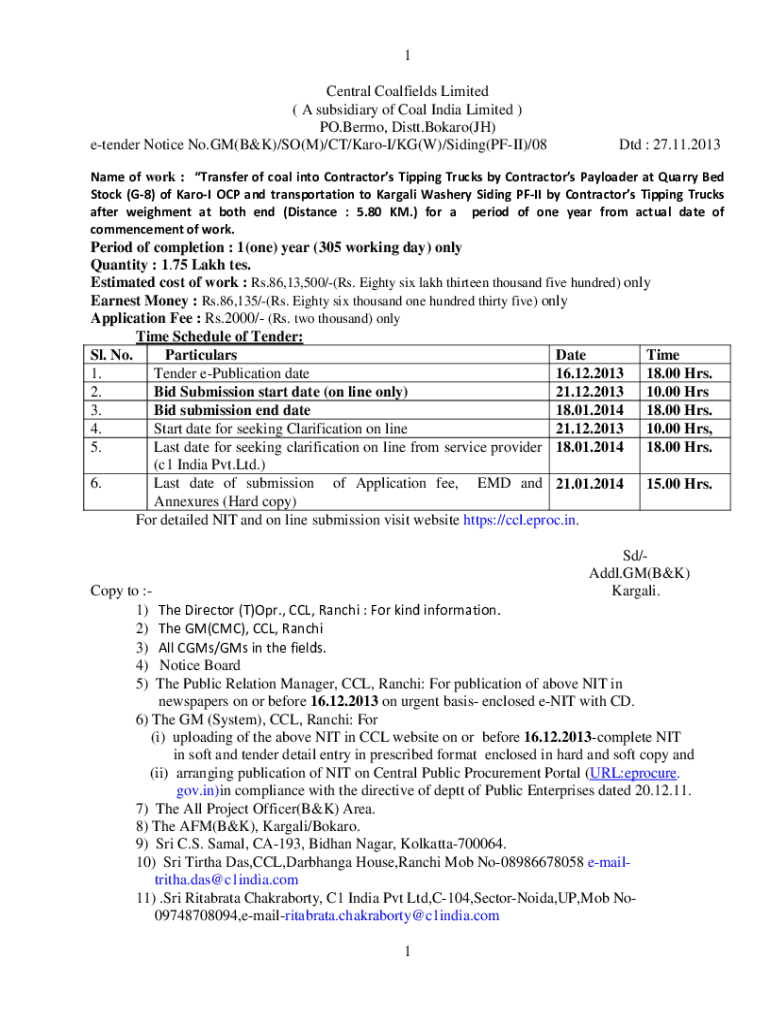 Fillable Online 1 1 Central Coalfields Limited ( A subsidiary of Coal