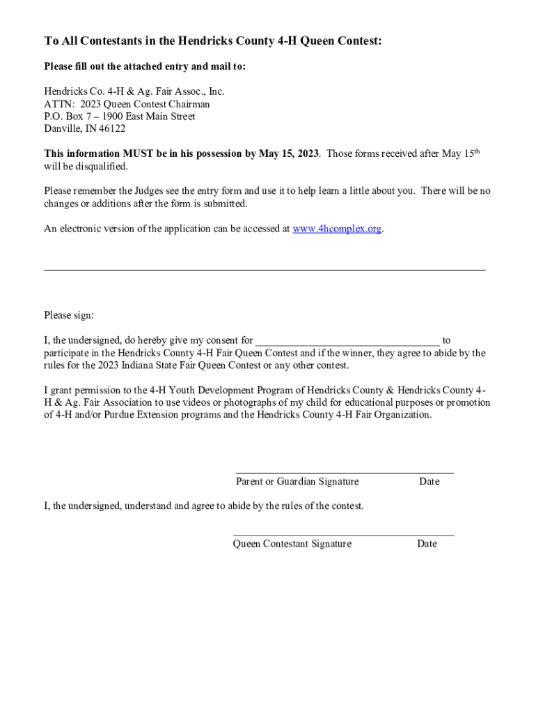 Fillable Online extension purdue All 27 Queen contestants,... Hendricks County 4H Fair Fax