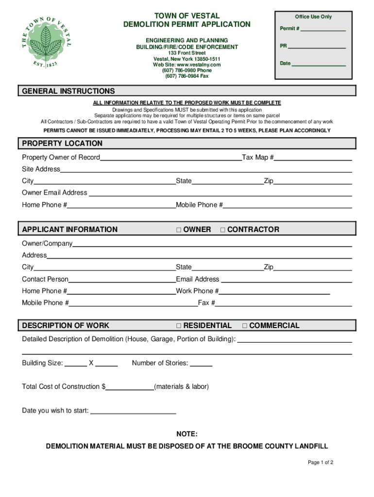 Fillable Online Town of Vestal Demolition Permit Application Fax Email