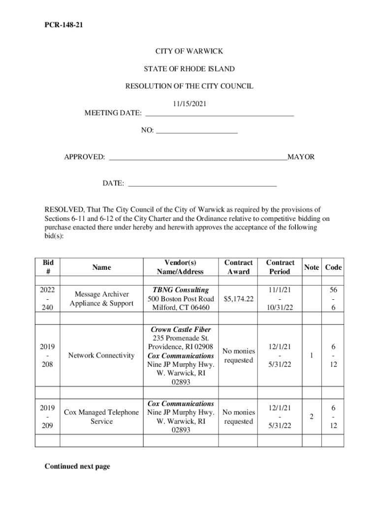 Fillable Online PCR14821 CITY OF WARWICK STATE OF RHODE Fax Email