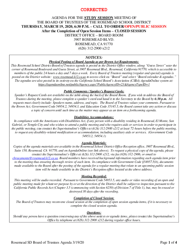 Fillable Online Rosemead SD Board of Trustees Agenda 11/23/20 Page 1 Fax Email Print pdfFiller
