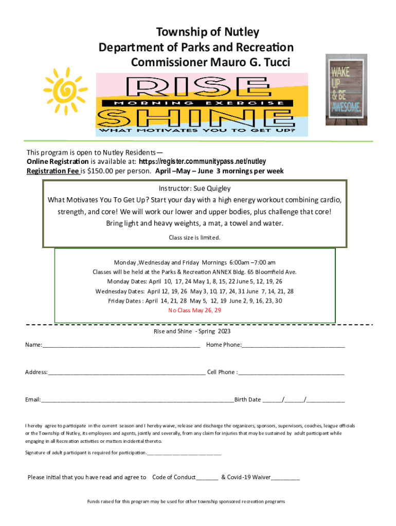 Fillable Online Township of Nutley Department of Parks and Recreation