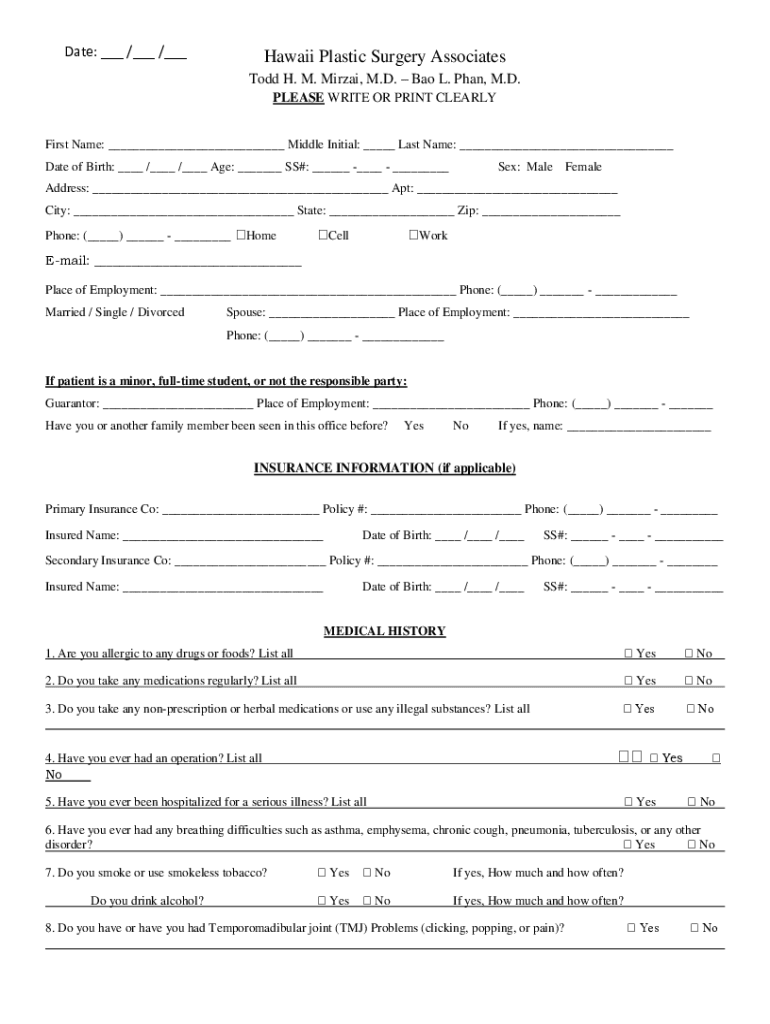 Fillable Online Bao L Phan, MD Hawaii Plastic Surgery Institute