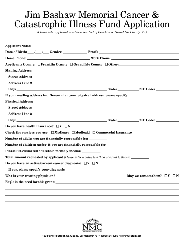 Fillable Online Jim Bashaw Memorial Cancer & Catastrophic Illness Fund