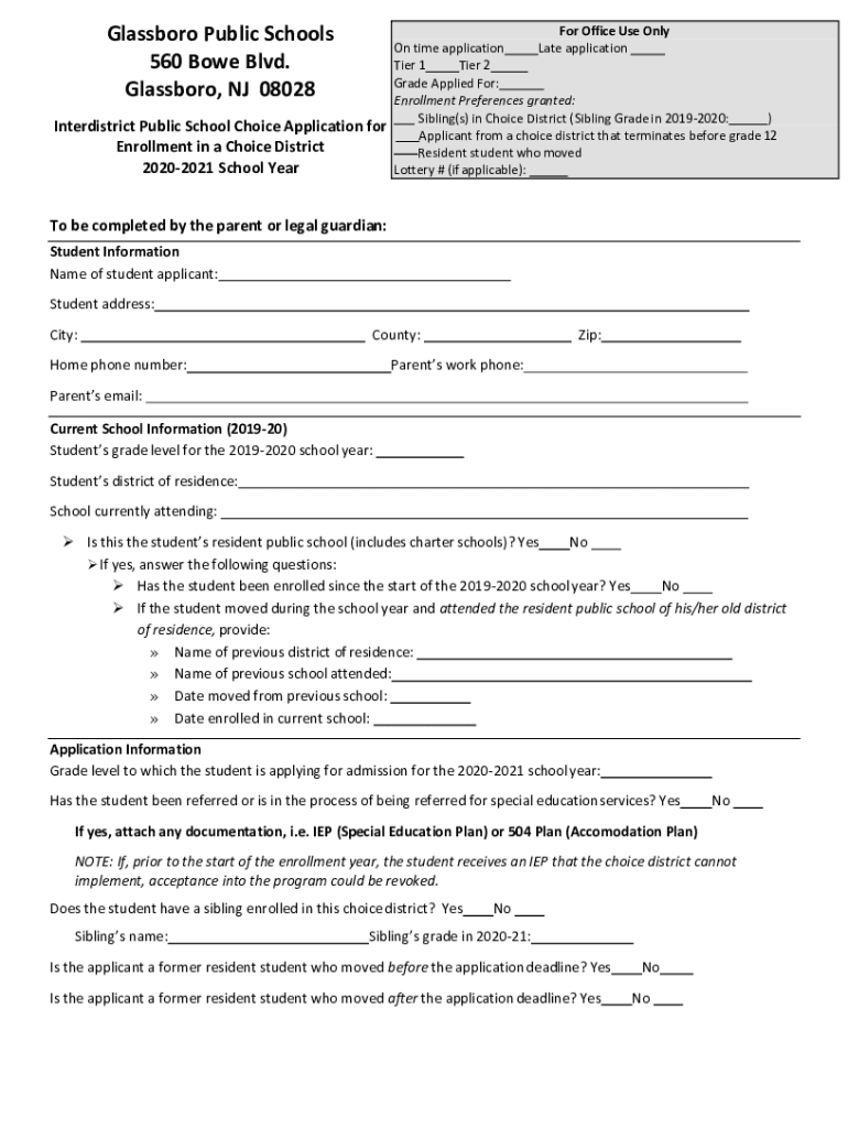 Fillable Online Glassboro Public School District Choice Profile for