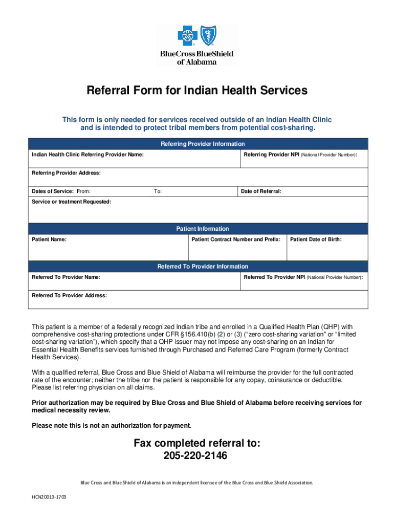 Fillable Online providers bcbsal Referral Form for Indian Health