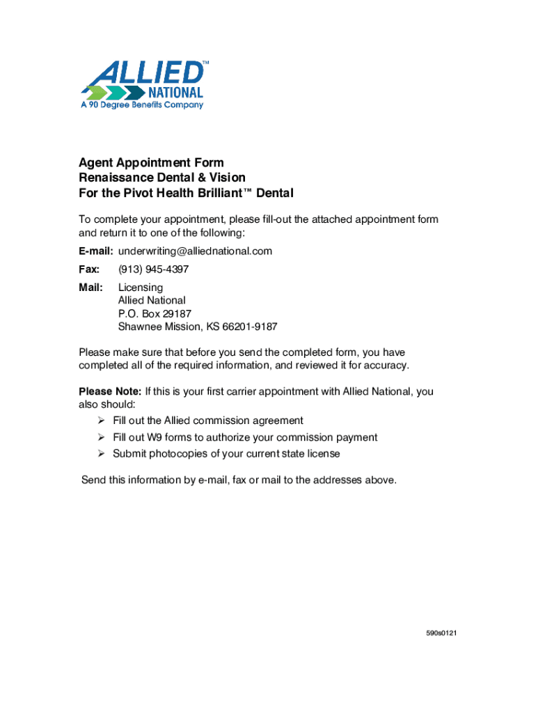 Fillable Online Agent Appointment Form Renaissance Dental & Vision For