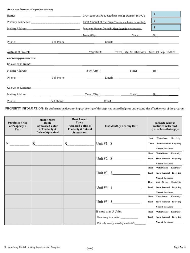 Fillable Online Town of St. Johnsbury Rental Housing Improvement Program Application Fax Email