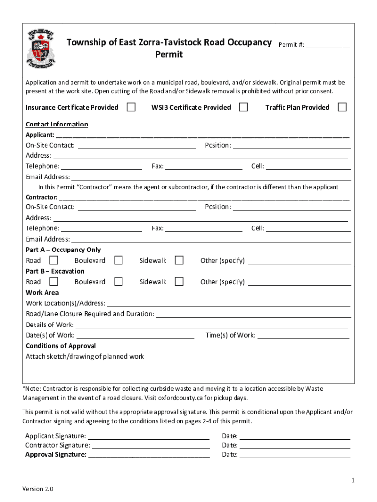 Fillable Online Township of East ZorraTavistock Road Occupancy Permit