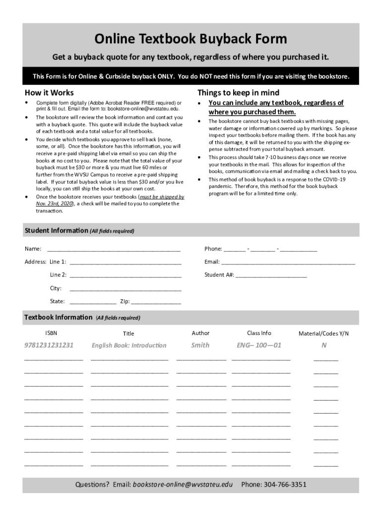 Fillable Online Online Textbook Buyback Form Fax Email Print pdfFiller
