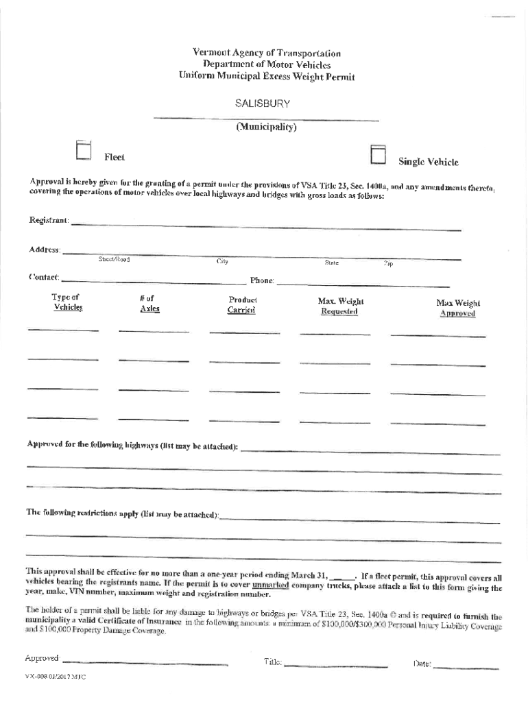 Fillable Online Town of Hartford Excess Weight Permit Form ( Fax