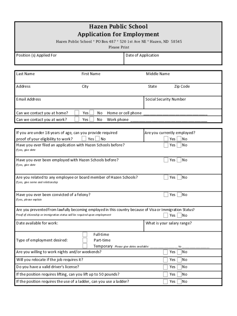 Fillable Online Hazen Public School Application for Employment Fax Email Print pdfFiller