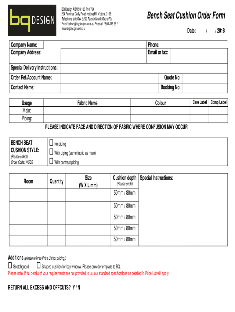 Fillable Online Bench Seat Cushion Order Form BQ Design Fax Email