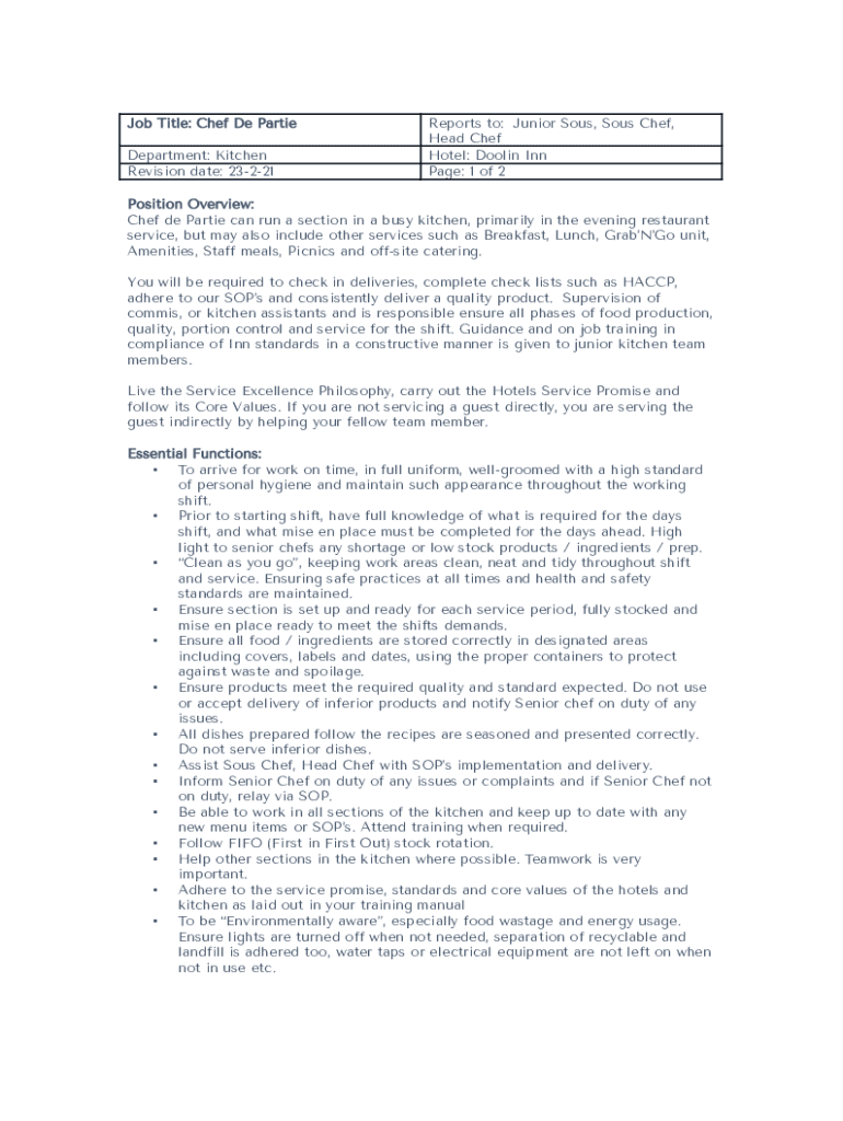 Fillable Online Chef de Partie job description template Fax Email Print