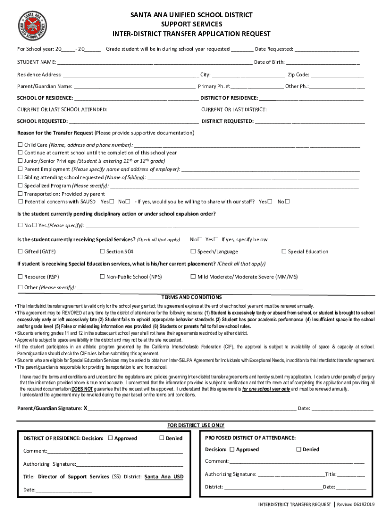 Completable En línea interdistrict transfer application request Fax