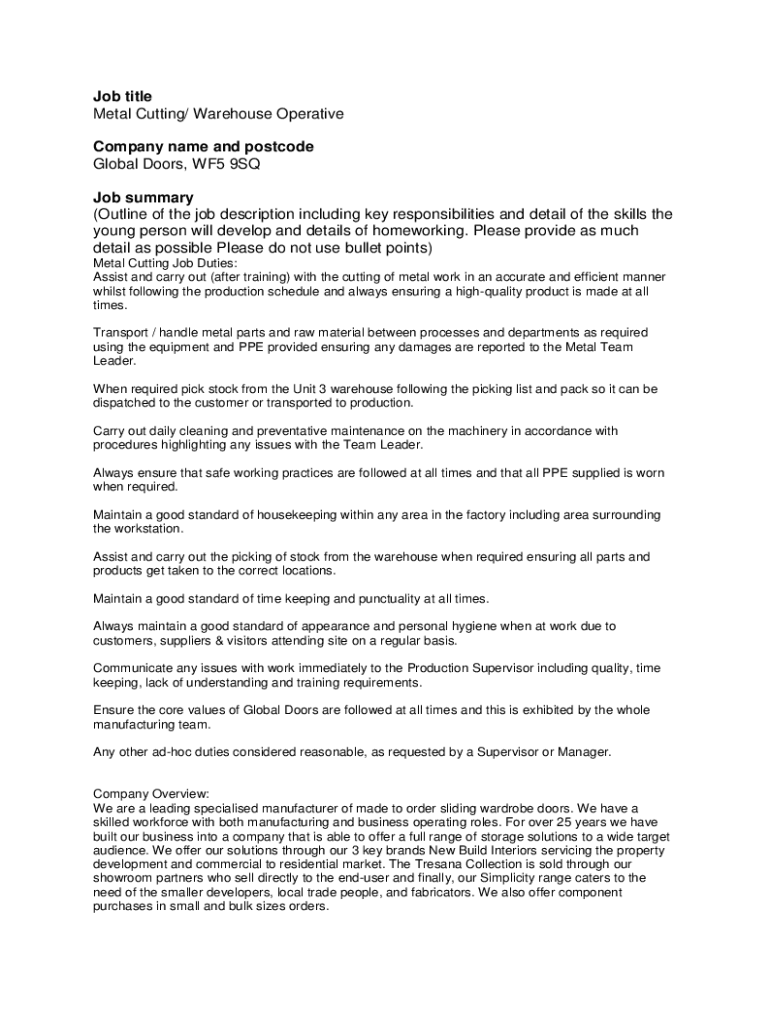 Fillable Online Warehouse Worker Job Description Template Fax Email