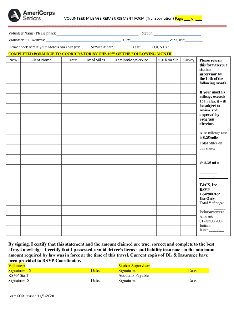 Fillable Online H4A VOLUNTEER MILEAGE REIMBURSEMENT FORM ( Fax